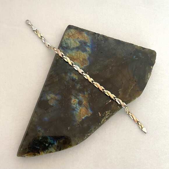 VTG Sterling Silver 925 Turkish 1/10 10K Gold Tri Tone X Link Bracelet 7.5" - Picture 5 of 16